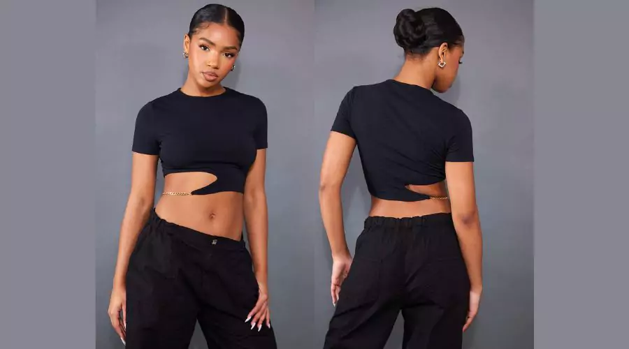 BLACK JERSEY CHAIN CUT OUT CROP TOP