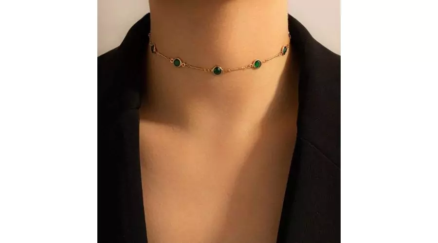 Rhinestone Choker Necklace Green Gemstones Gold Silver Colour Chain