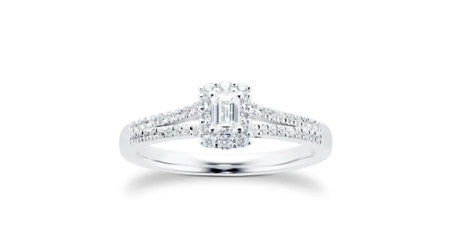 18ct White Gold 0.40cttw Diamond Emerald Cut Halo Ring