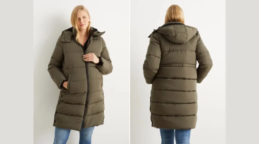 Maternity quilted coat jacket with hood and baby pouch