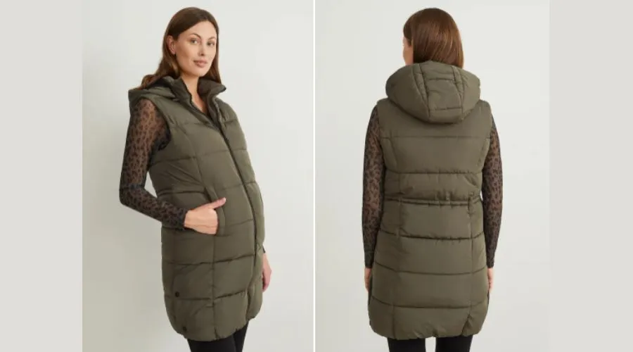 Maternity quilted gilet with hood and baby pouch