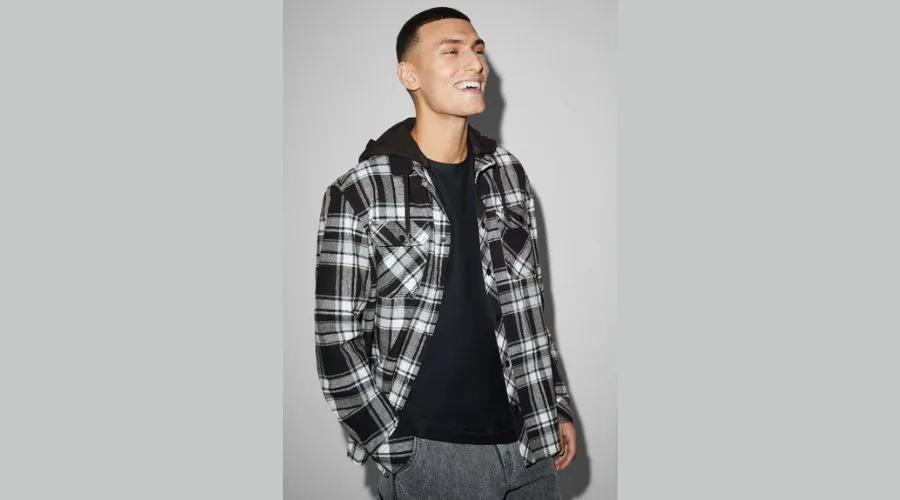 Flannel Shirt with Hood- Relaxed Fit- Check