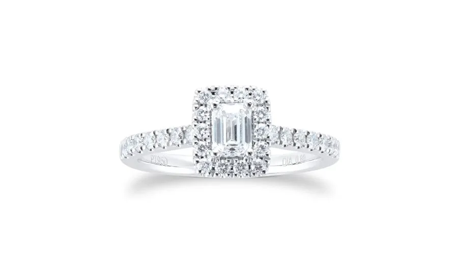 Platinum 0.80cttw Diamond Emerald Cut Halo Engagement Ring