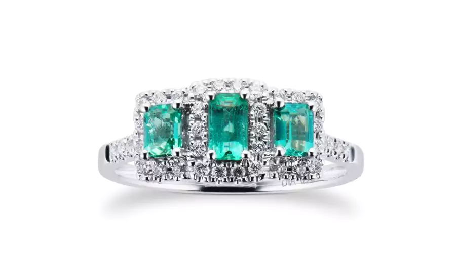 Emerald and Diamond Three Stone Ring in 9ct White Gold