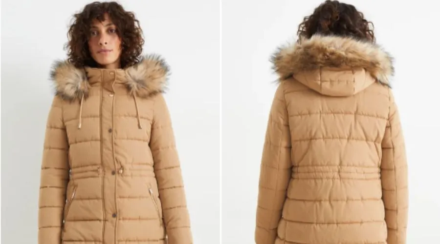 Quilted coat with hood and faux fur trim