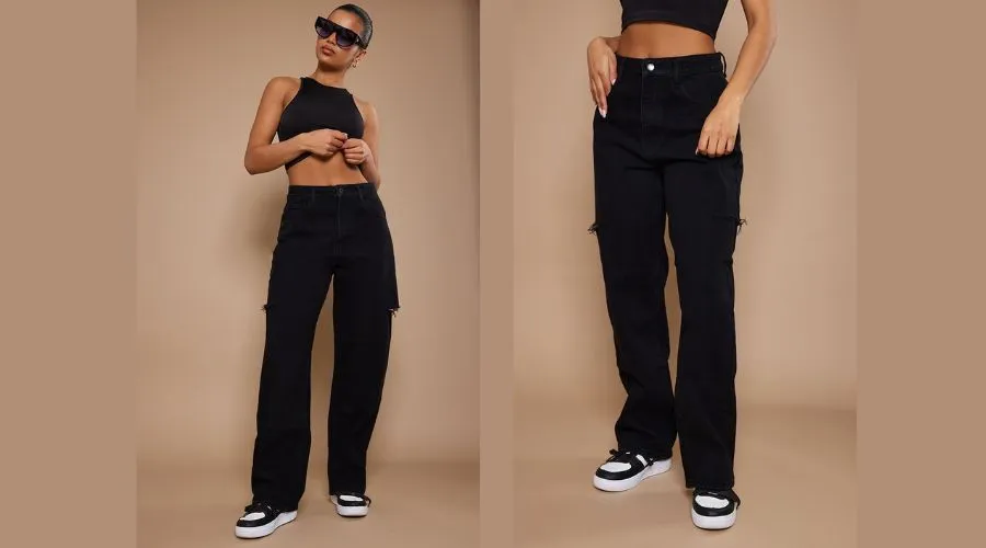 Washed Black Thigh Split Baggy Boyfriend Jeans