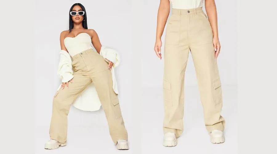 Petite Olive Cargo Pocket Baggy Wide Leg Jeans