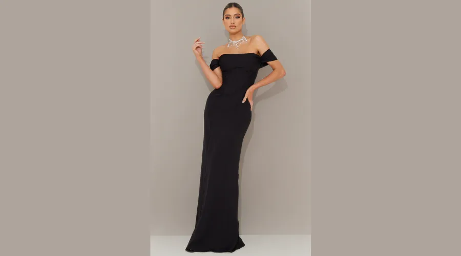 Black Corset Detail Bardot Bridesmaid Dress