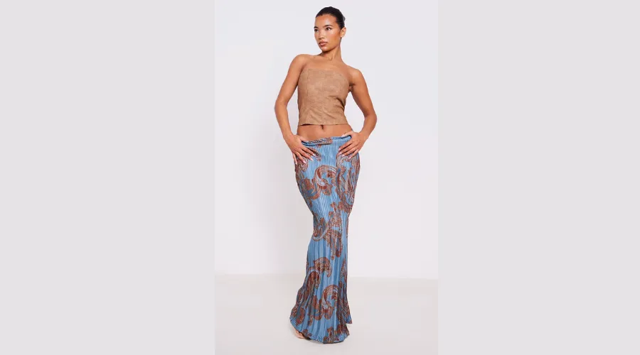 Blue Swirl Printed Plisse Maxi Skirt