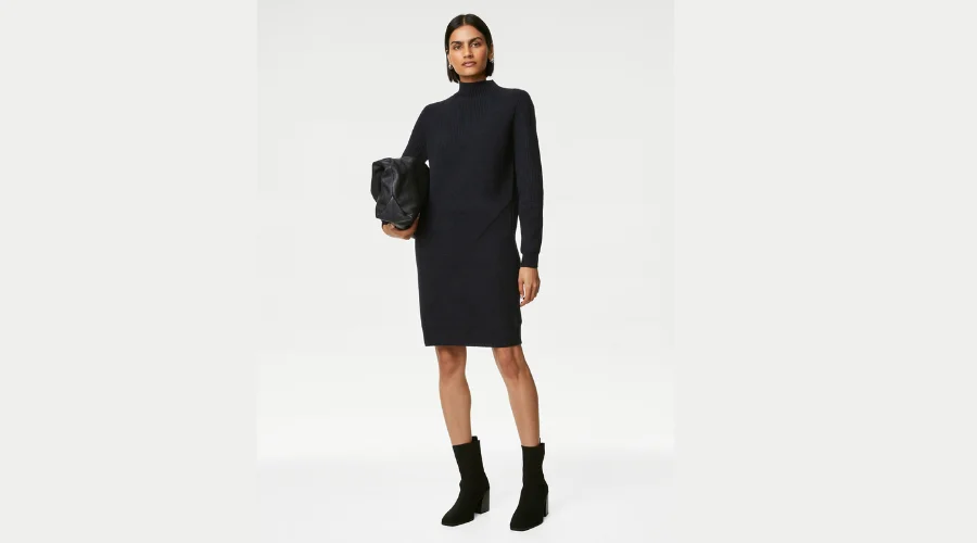Knitted Ribbed Funnel Neck Mini Dress