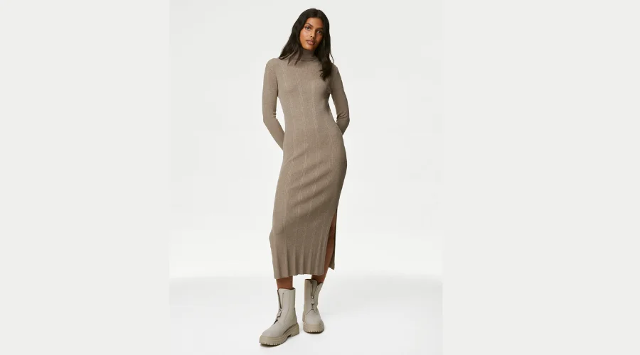 Knitted Ribbed Roll Neck Midi Dress