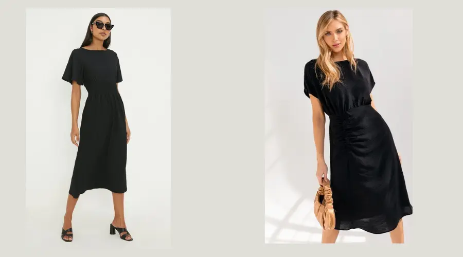 Petite Black Shirred Waist Midi Dress