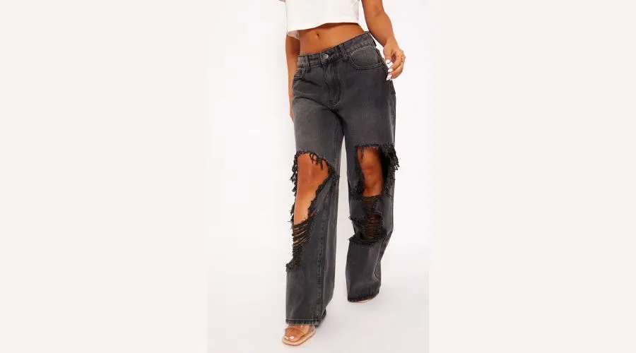 Petite Washed Black Extreme Rip Front Straight Leg Jeans