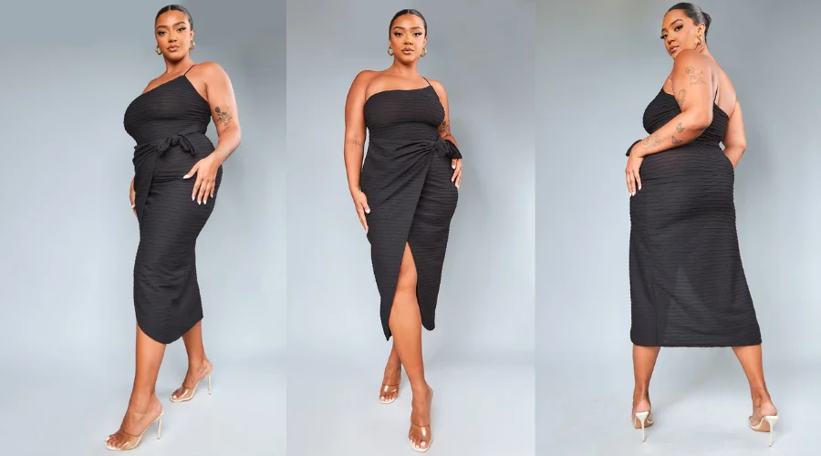 Plus Black Textured One Shoulder Wrap Midi Dress