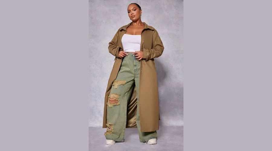 Plus Khaki Belted Cuff Detail Trench Coat