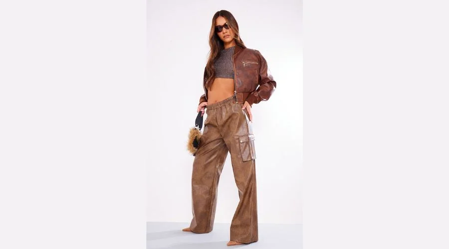 Premium Brown Washed Faux Leather Wide Leg High Waisted Cargo Trouser