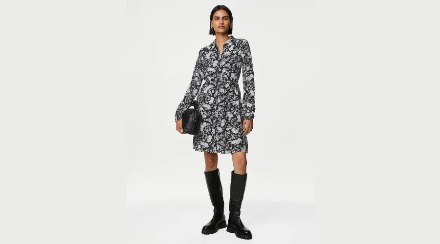 Printed Collared Tie Waist Mini Shirt Dress