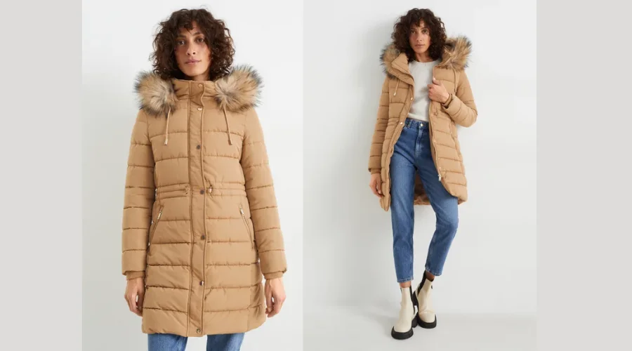 Quilted coat with hood and faux fur trim