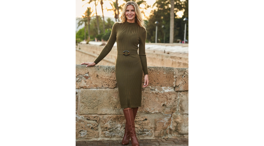 Ribbed High Neck Belted Midi Jumper Dress