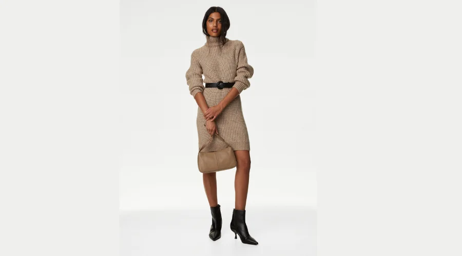 Ribbed Roll Neck Mini Jumper Dress