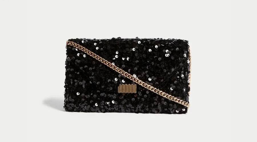 Sequin chain clutch strap bag 