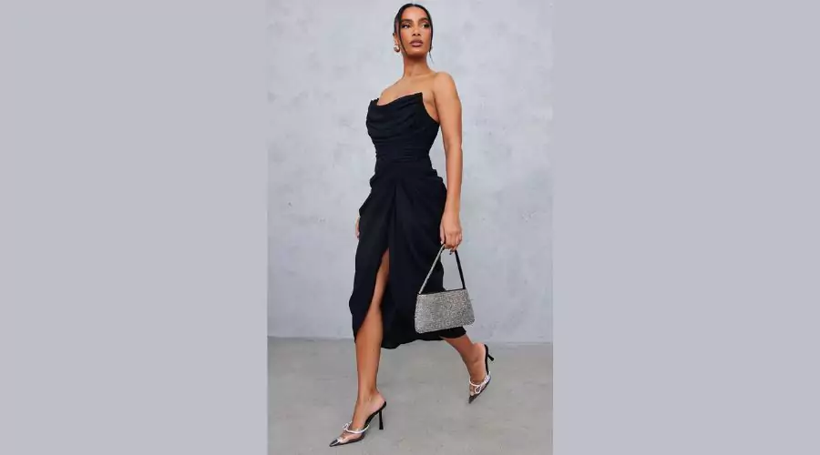 Black Chiffon Corset Bandeau Draped Midi Dress