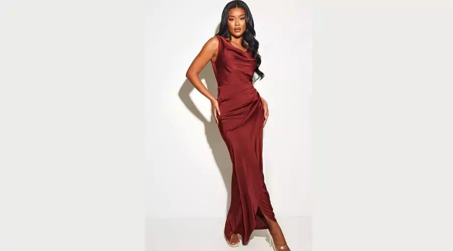 Burgundy Satin Cowl Neck Draped Maxi Dress