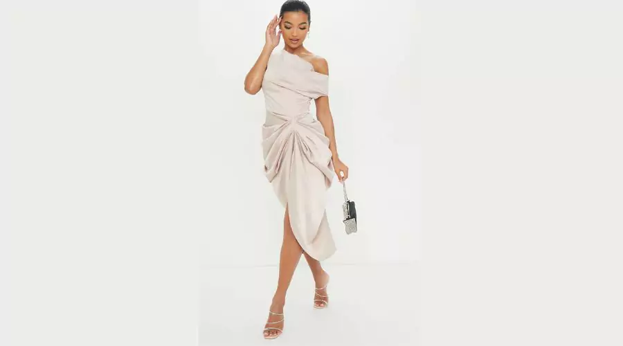 Champagne Satin off the Shoulder Draped Skirt Midi Dress