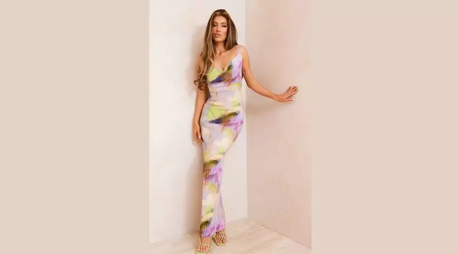 Multi Watercolour Plisse Strappy Maxi Dress