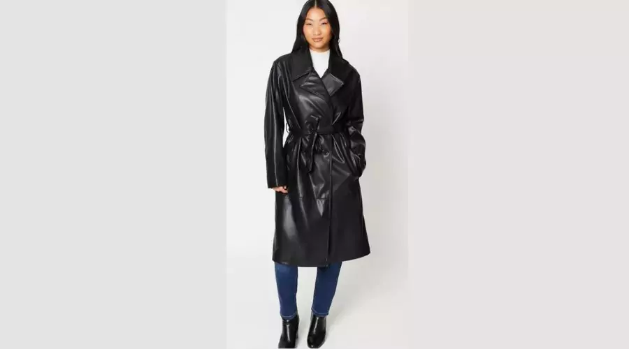 Petite Faux Leather Longline Trench Coat