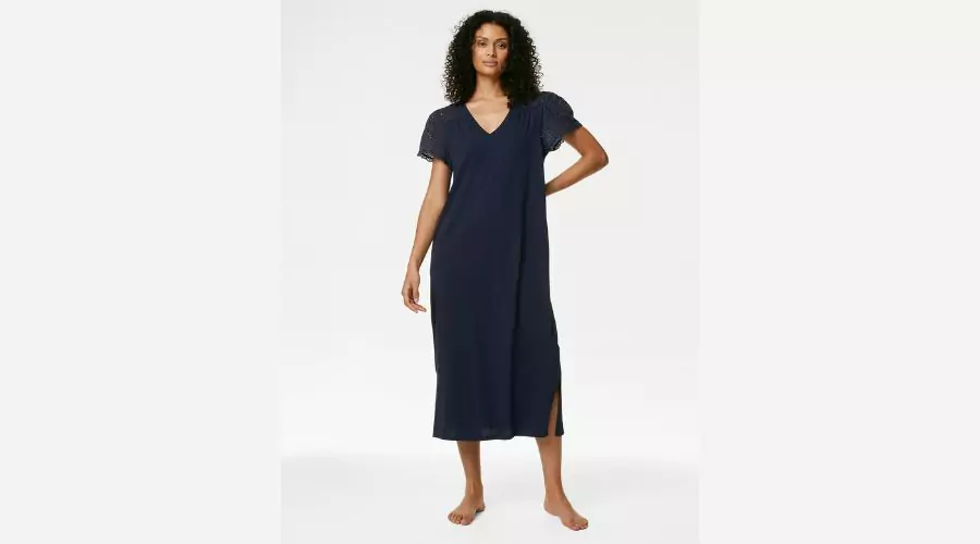 Pure Cotton Broderie Trim Long Nightdress