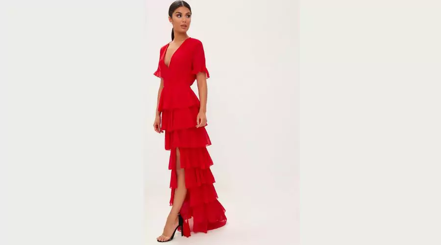 Red Chiffon Ruffle Layer Maxi Dress