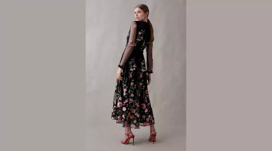 Long Sleeve Floral Embroidered Mesh Midi Dress