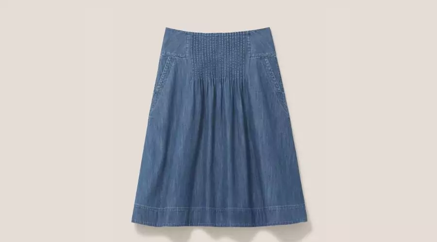 Denim Pleat Front Midi Skirt