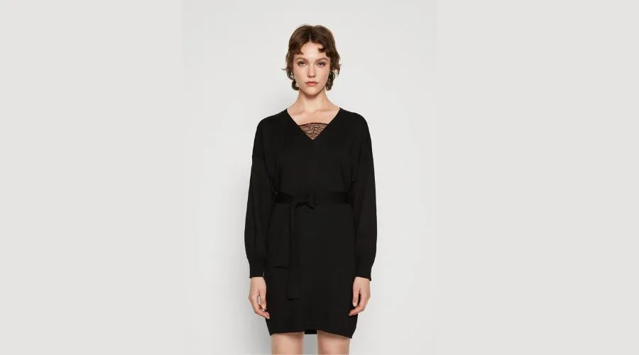 Wrap V Neck Mini Knit Dress With Belt - Sheath dress