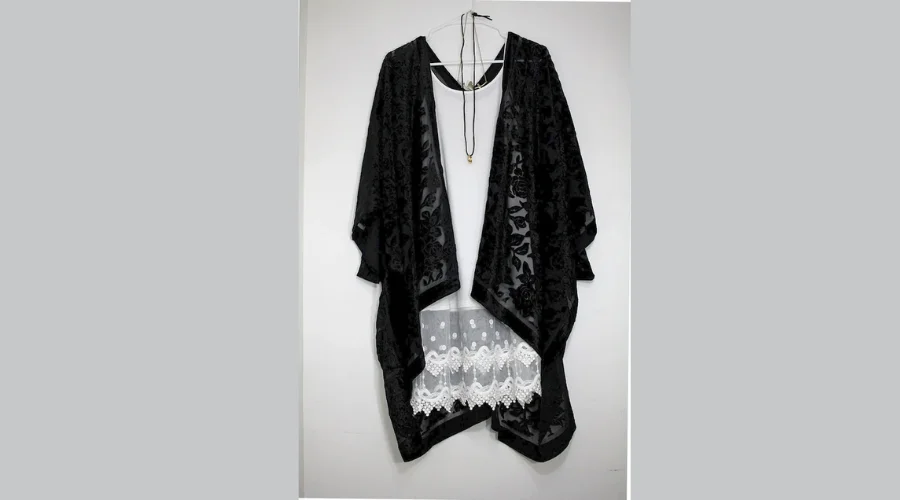 Black Burnout Velvet Kimono with Rose and Leaf