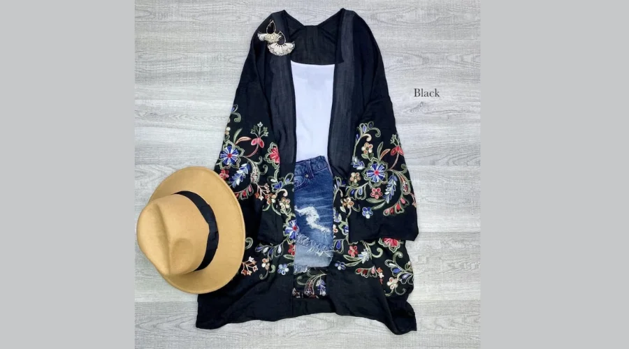 Black Flower Embroidered Boho Kimono Duster with Long Sleeve
