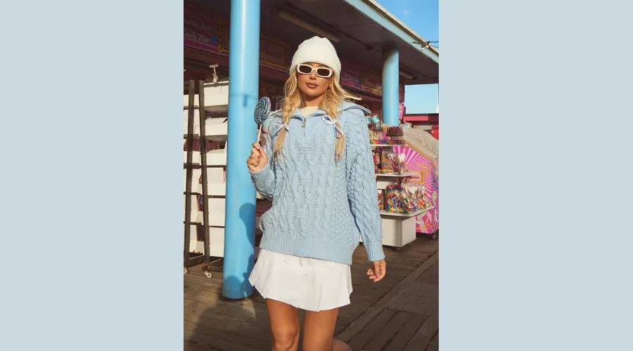Pastel Blue Half Zip Cable Knitted Jumper