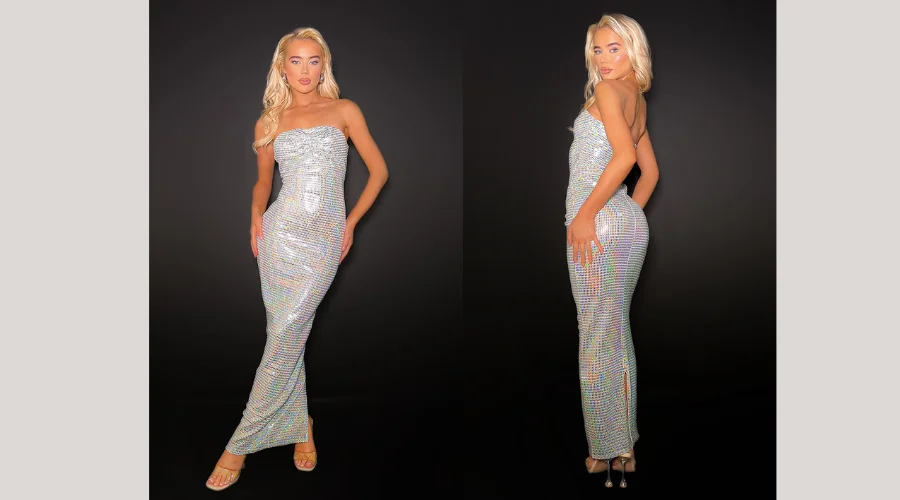 Silver Iridescent Glitter Slinky Bandeau Midaxi Dress