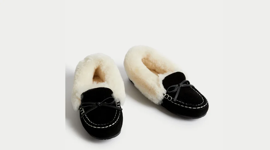 Suede Shearling Cuff Moccasin Slippers