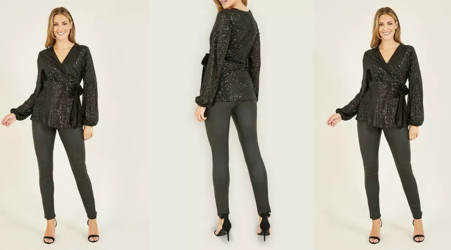 Yumi black sequin wrap top with velvet touch 