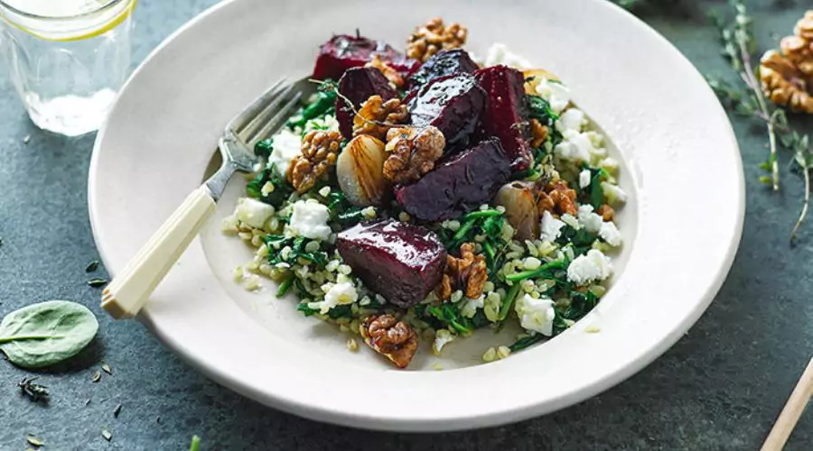Honey Roast Beetroot With Feta and spinach Bulgur