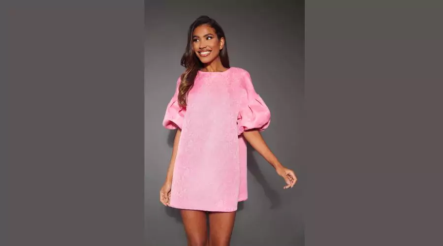 Pink Textured Jaquard Puff Sleeve Smock Dress