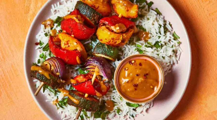 Roasted Veg Skewers With Coriander Rice And Satay Sauce