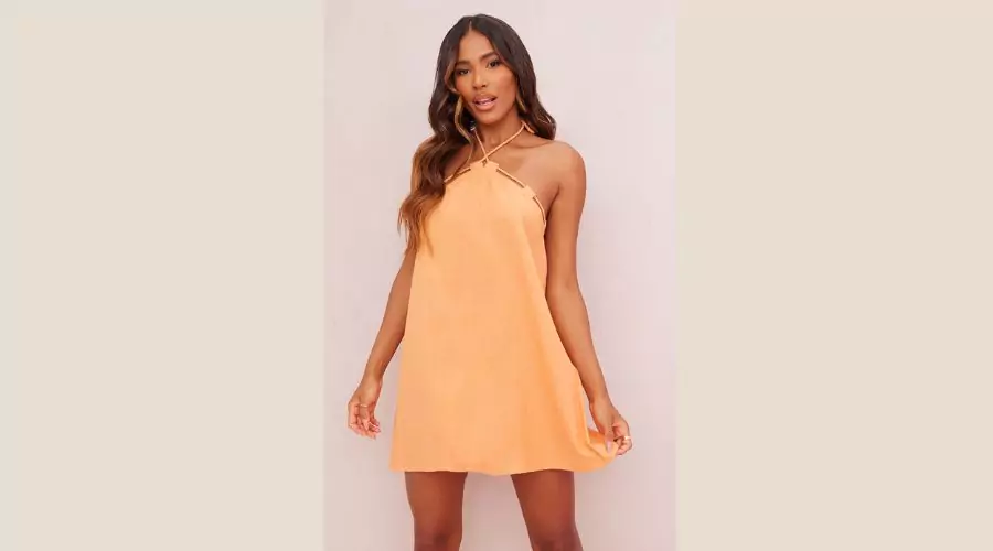 Tangerine Linen Look Rope Trim Halterneck Smock Dress