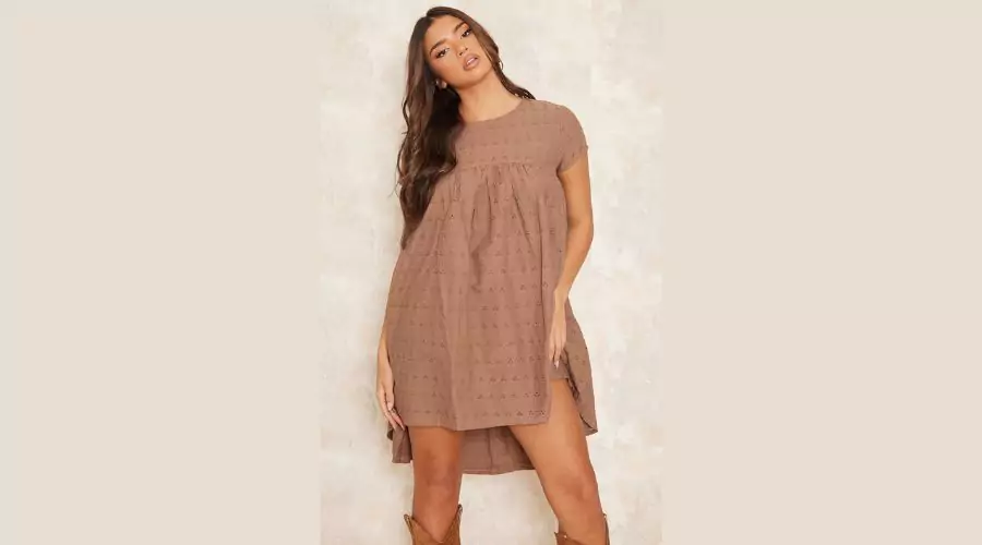 Taupe Broderie Smock Dress