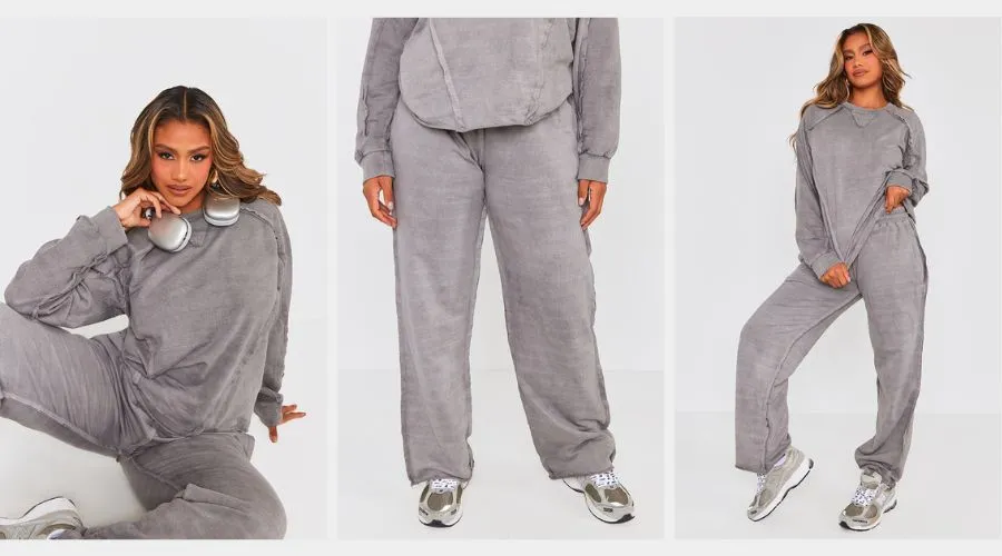 Grey Washed Oversized Raw Edge Seam Detail Sweatshirt & Sweatpants