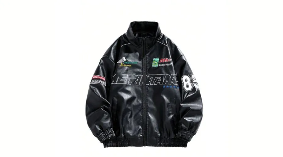 Men Letter Graphic Zip Up PU Leather Jacket