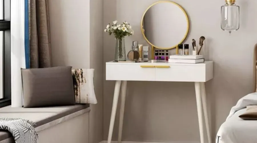 Modern Dressing Table Makeup Vanity Desk 2 Drawers Round Mirror