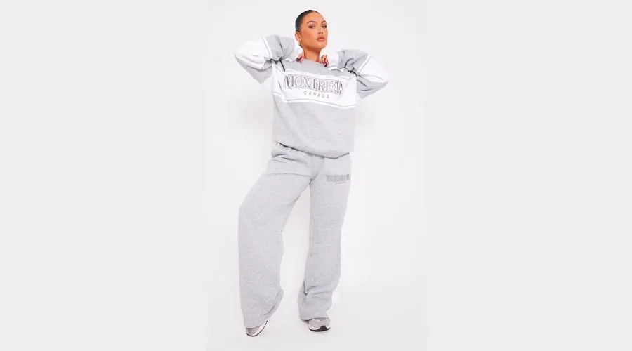 Ash Grey Montreal Embroidered Panelled Oversized Sweatshirt and Wide Leg Joggers